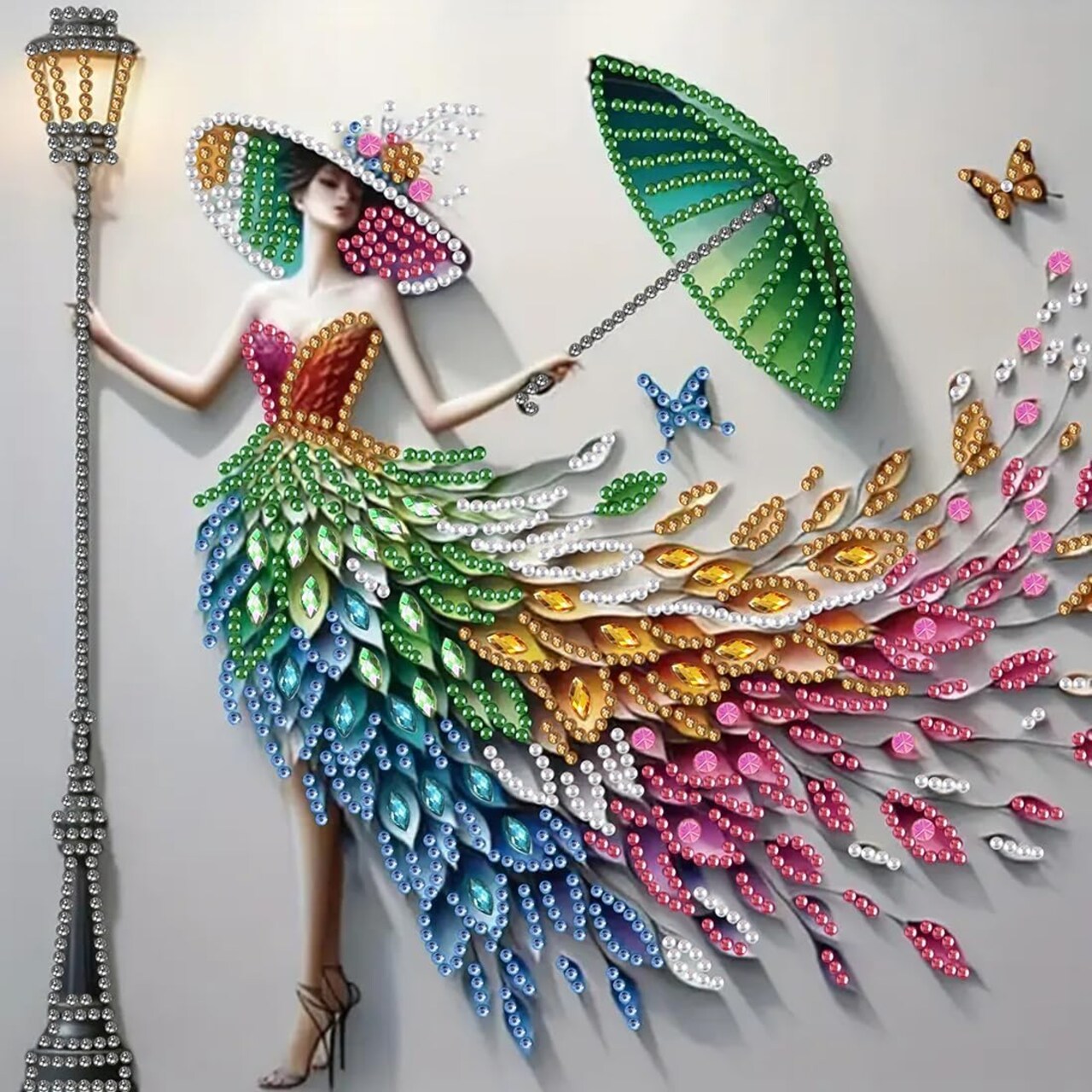 5D Diamond Painting Kits,Elegant Lady Peacock Feather Dress with Umbrella Special Shape Diamond Art Kits for Beginners,DIY Paint by Diamonds Crafts for Adults Home Wall Decor 12 X 12inch